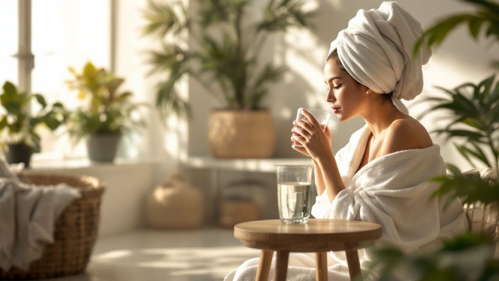 Person wiping sweat from their forehead with a towel after a sauna session