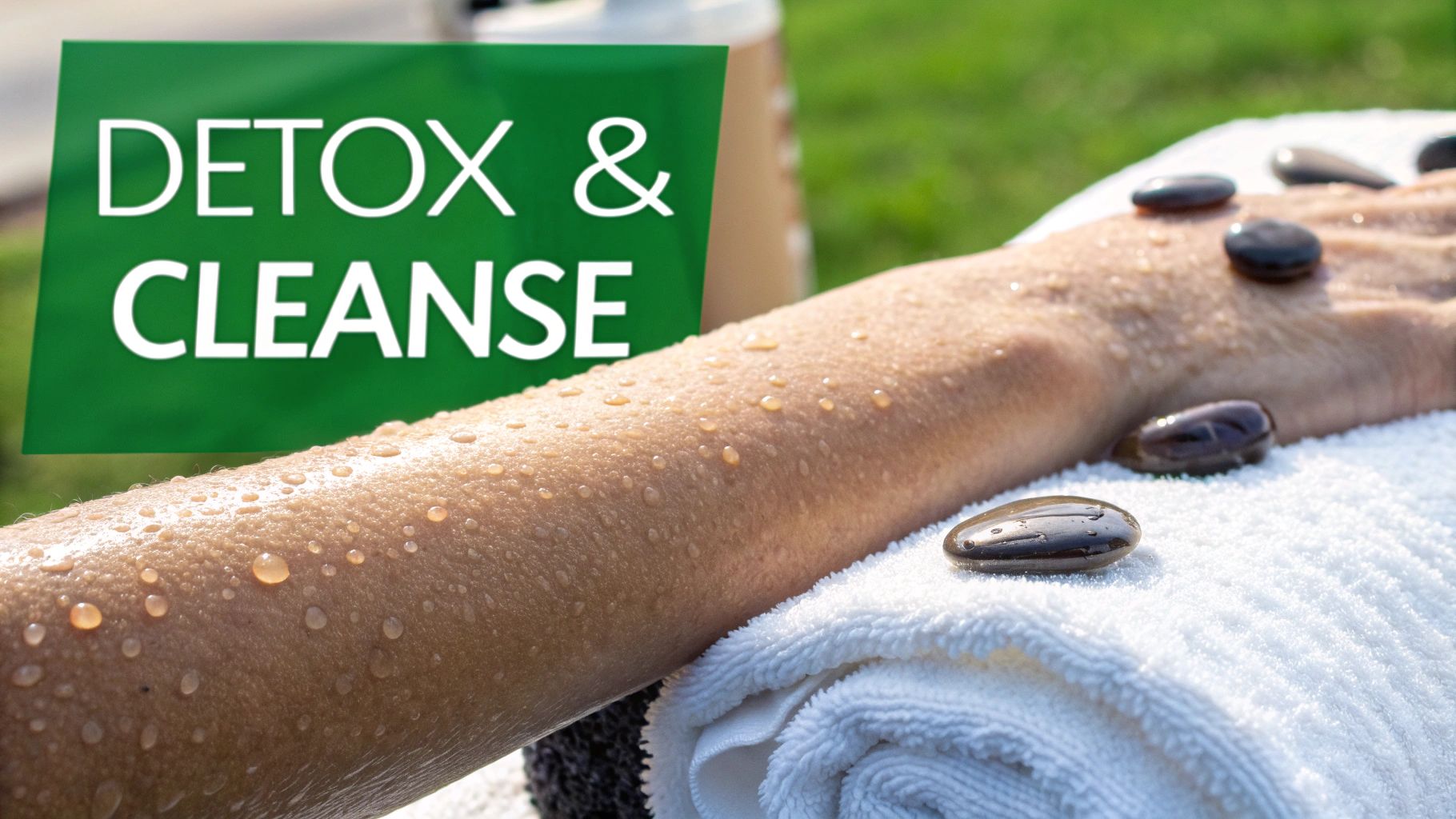 A person's arm covered in water droplets with hot stones, next to a 'DETOX & CLEANSE' sign.