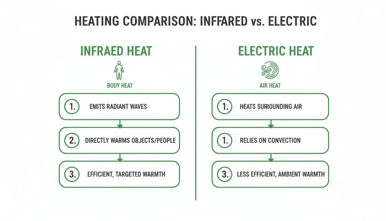 A comparison chart detailing the differences between infrared heat and electric heat methods.