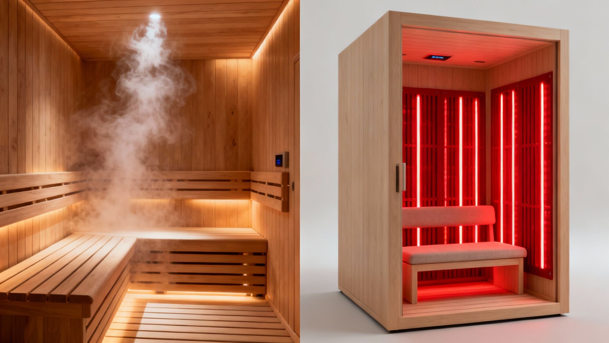 A split image showing a traditional hot rock sauna on one side and a modern infrared sauna on the other