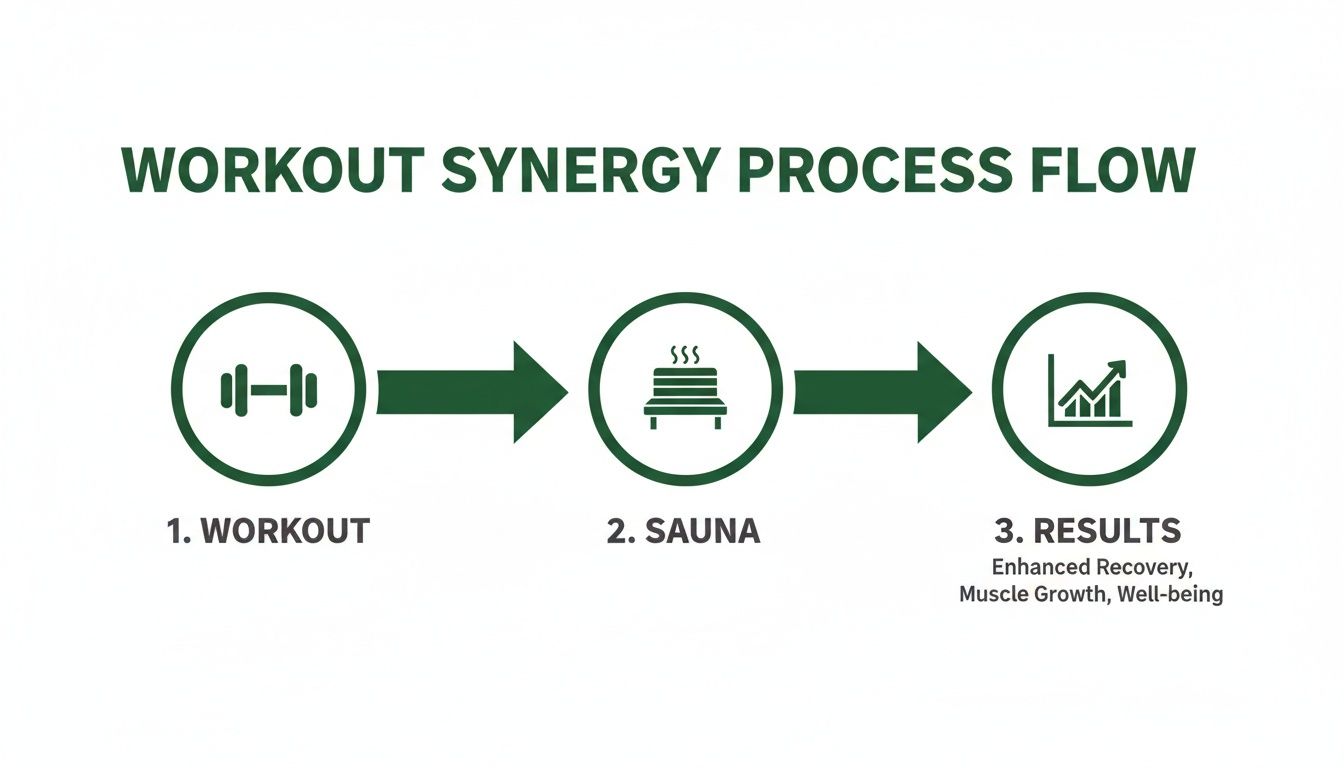 Process flow showing a workout followed by sauna leading to enhanced recovery, muscle growth, and well-being.
