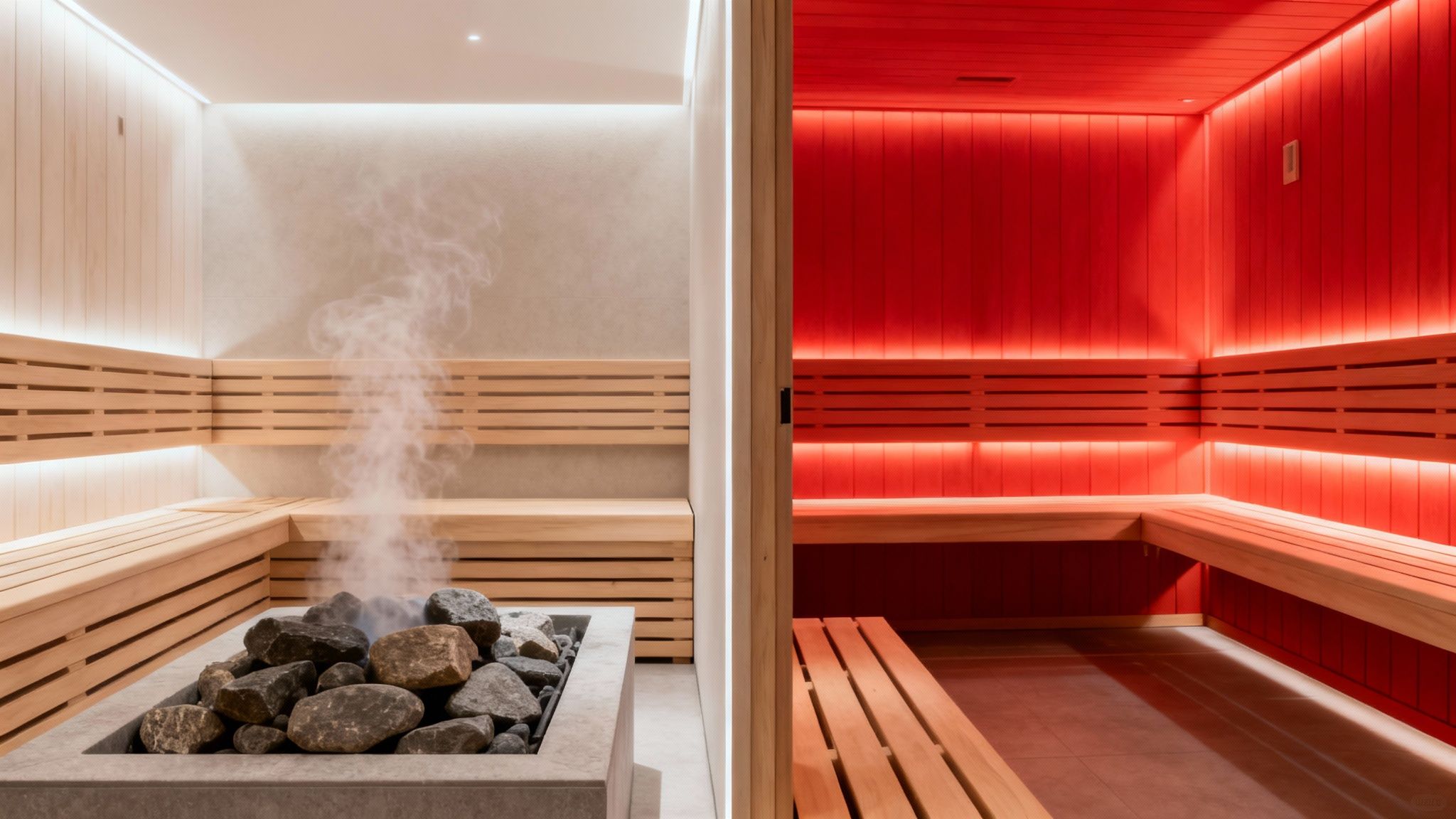 Modern luxury sauna rooms with natural wood benches, ambient lighting, and steam rising from heated stones