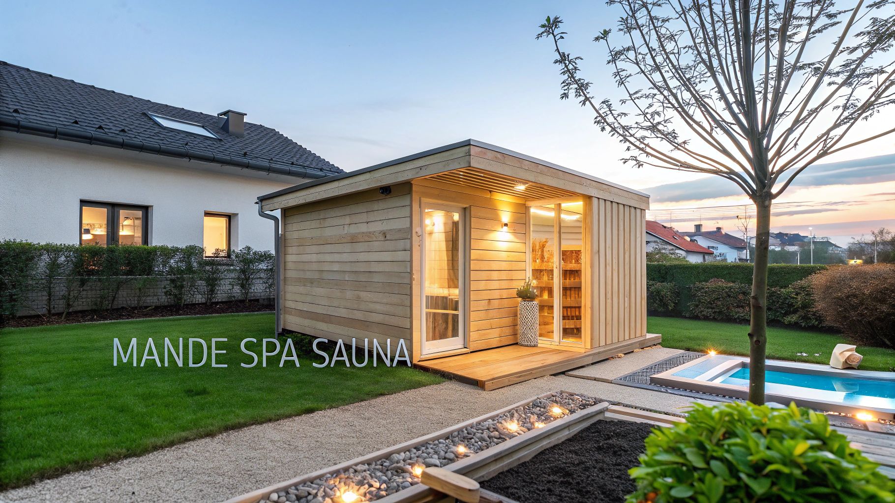 Modern outdoor sauna cabin with a small plunge pool and landscaped garden at dusk, featuring accent lighting.