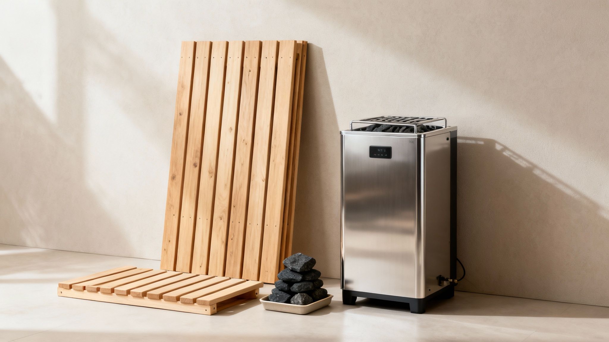 Close-up of high-quality wooden sauna interior with heater