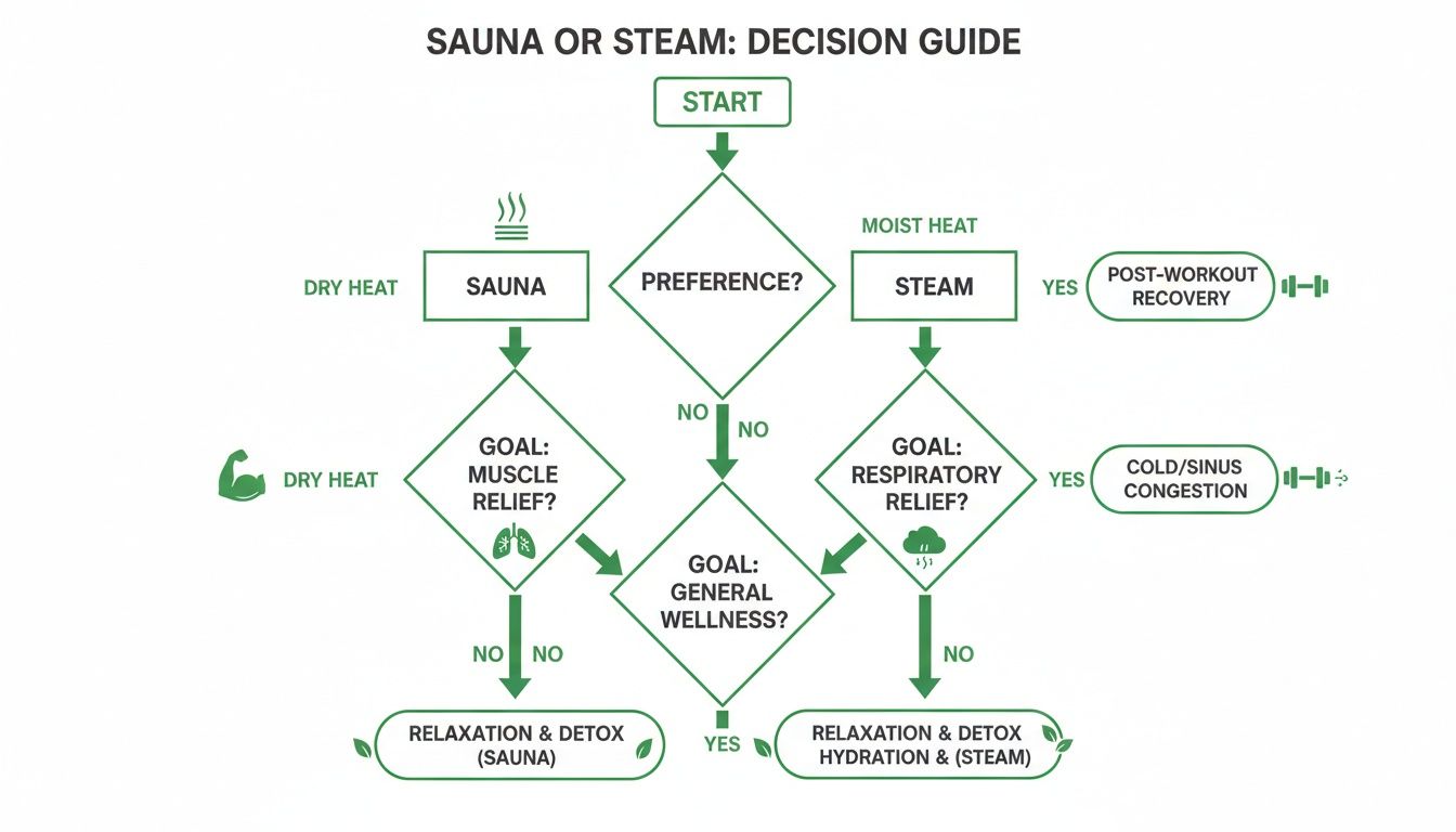 A decision guide flowchart titled 'Sauna or Steam' based on preferences and wellness goals.