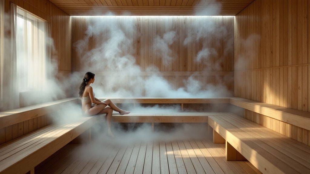 A relaxed person sitting inside a modern home sauna with soft lighting.