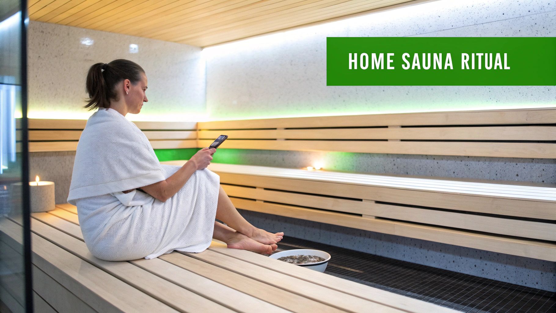 A woman wrapped in a white towel sits on wooden sauna benches, looking at her phone, with warm lighting.
