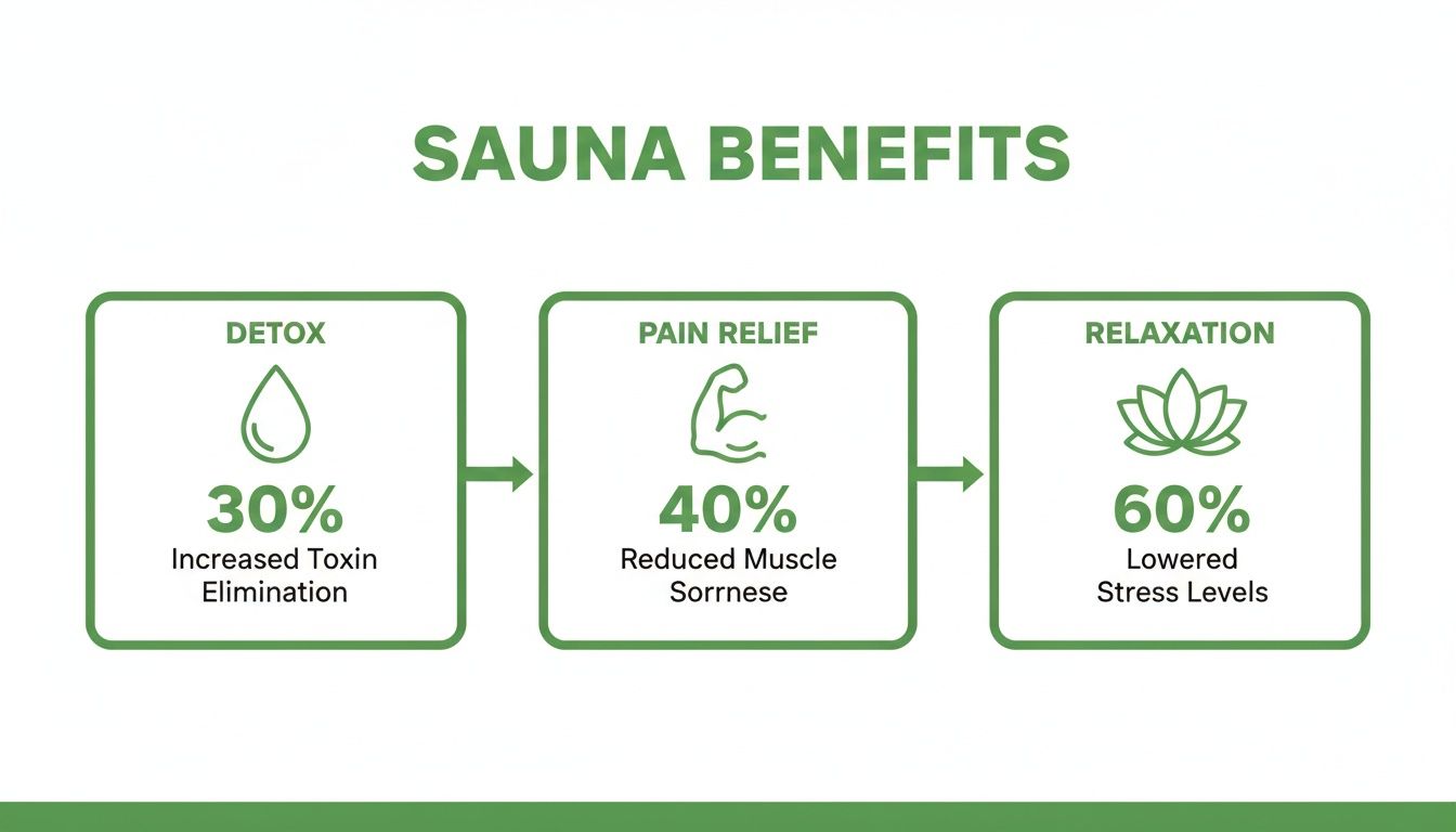 Infographic showing sauna benefits: 30% increased toxin elimination, 40% reduced muscle soreness, and 60% lowered stress.