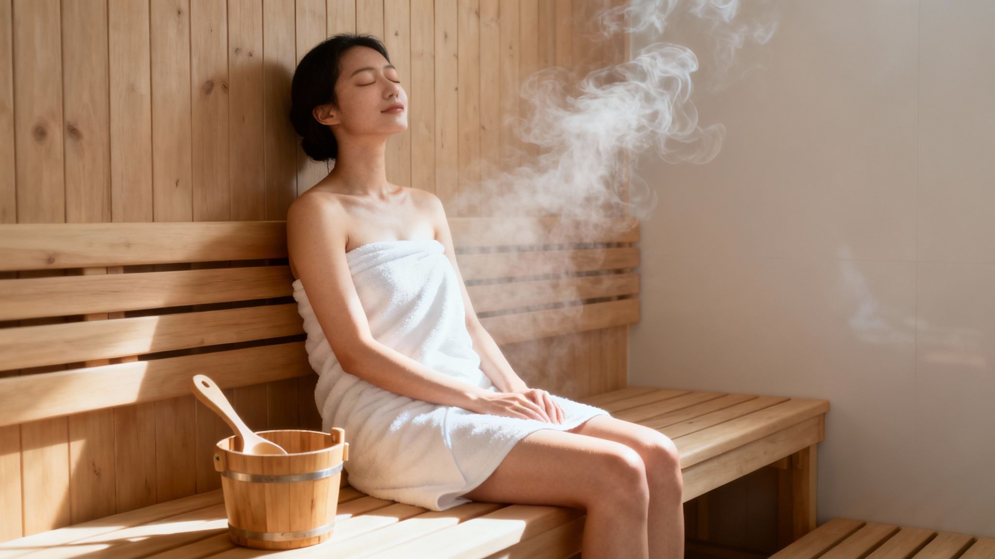A woman relaxing in a home sauna, looking rejuvenated.