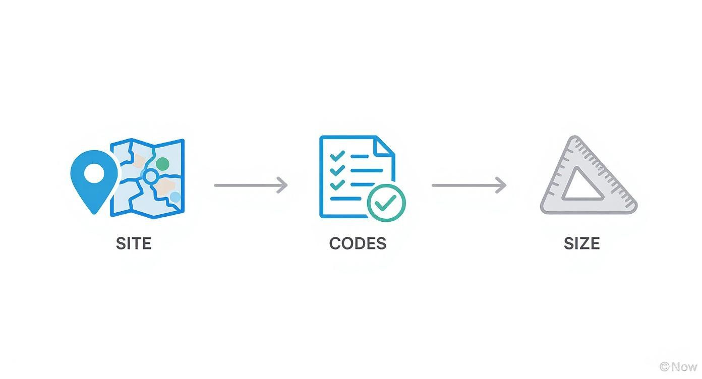 An infographic illustrating a three-step process: Site (map icon), Codes (checklist document), and Size (triangle ruler icon).