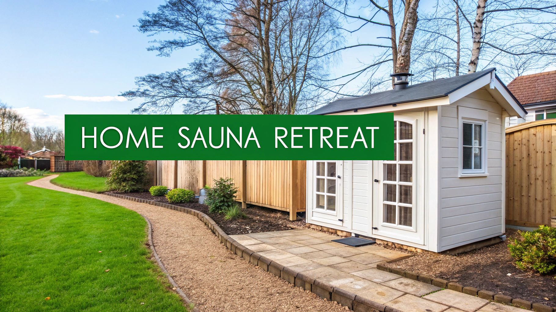 A cozy white home sauna cabin in a lush garden with a winding gravel path and green lawn.