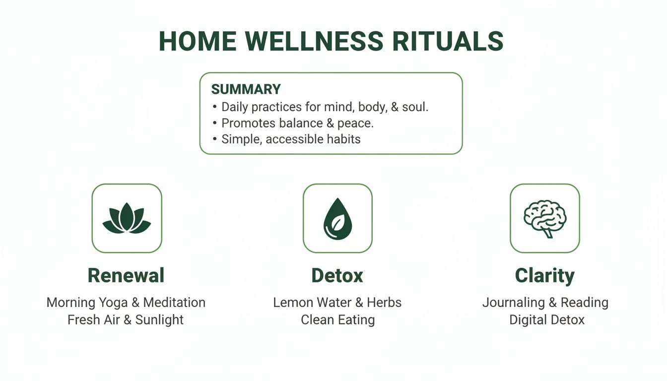 An infographic outlining home wellness rituals, including renewal, detox, and clarity practices for a balanced life.