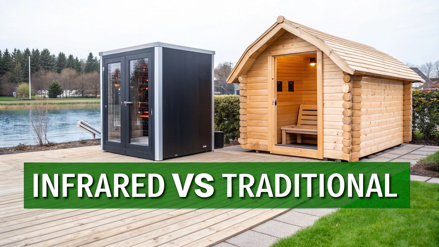 An infrared sauna and a traditional log cabin sauna stand side-by-side on a deck by a lake.