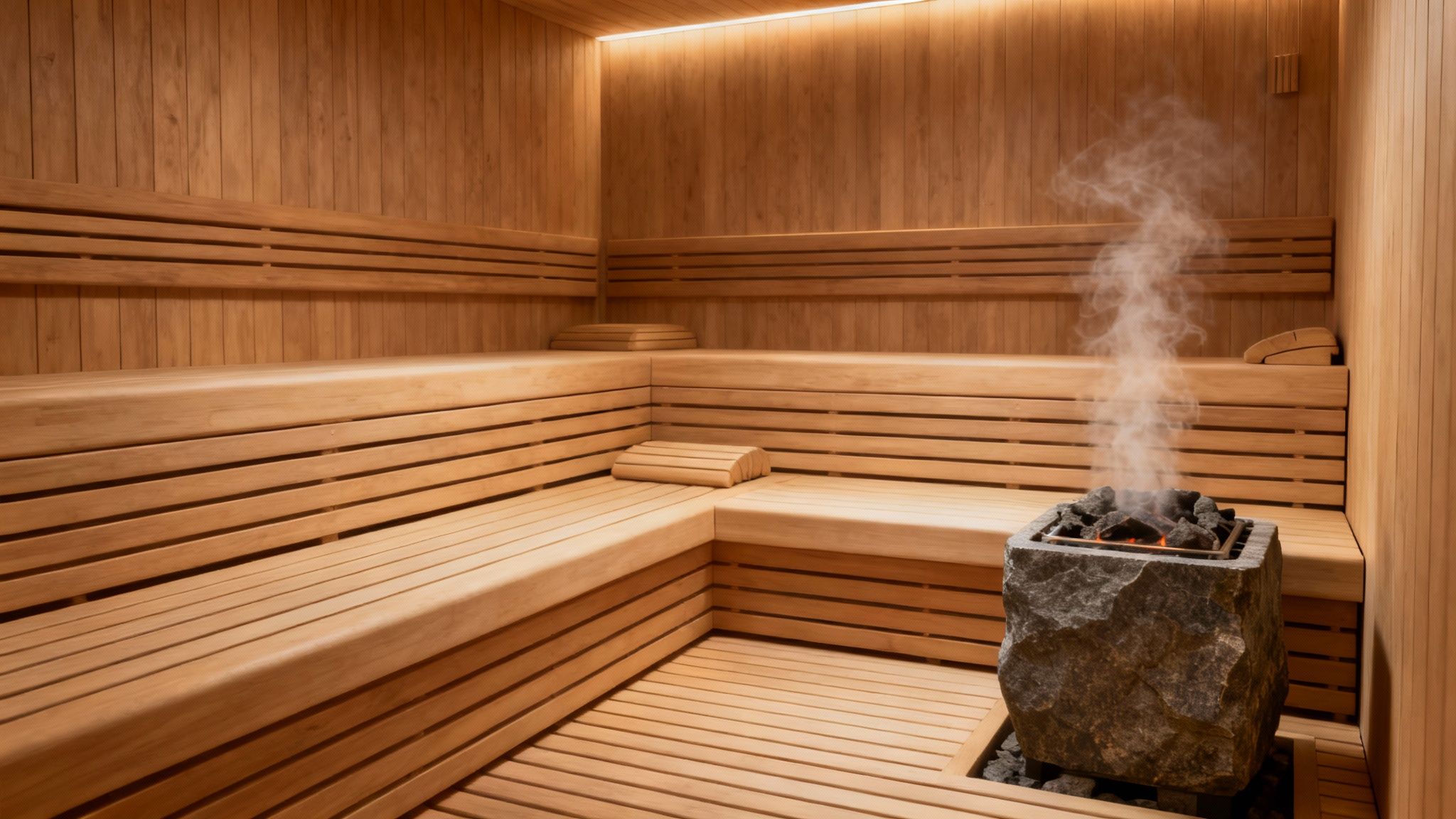 A traditional sauna with wooden benches and a heater with hot stones.