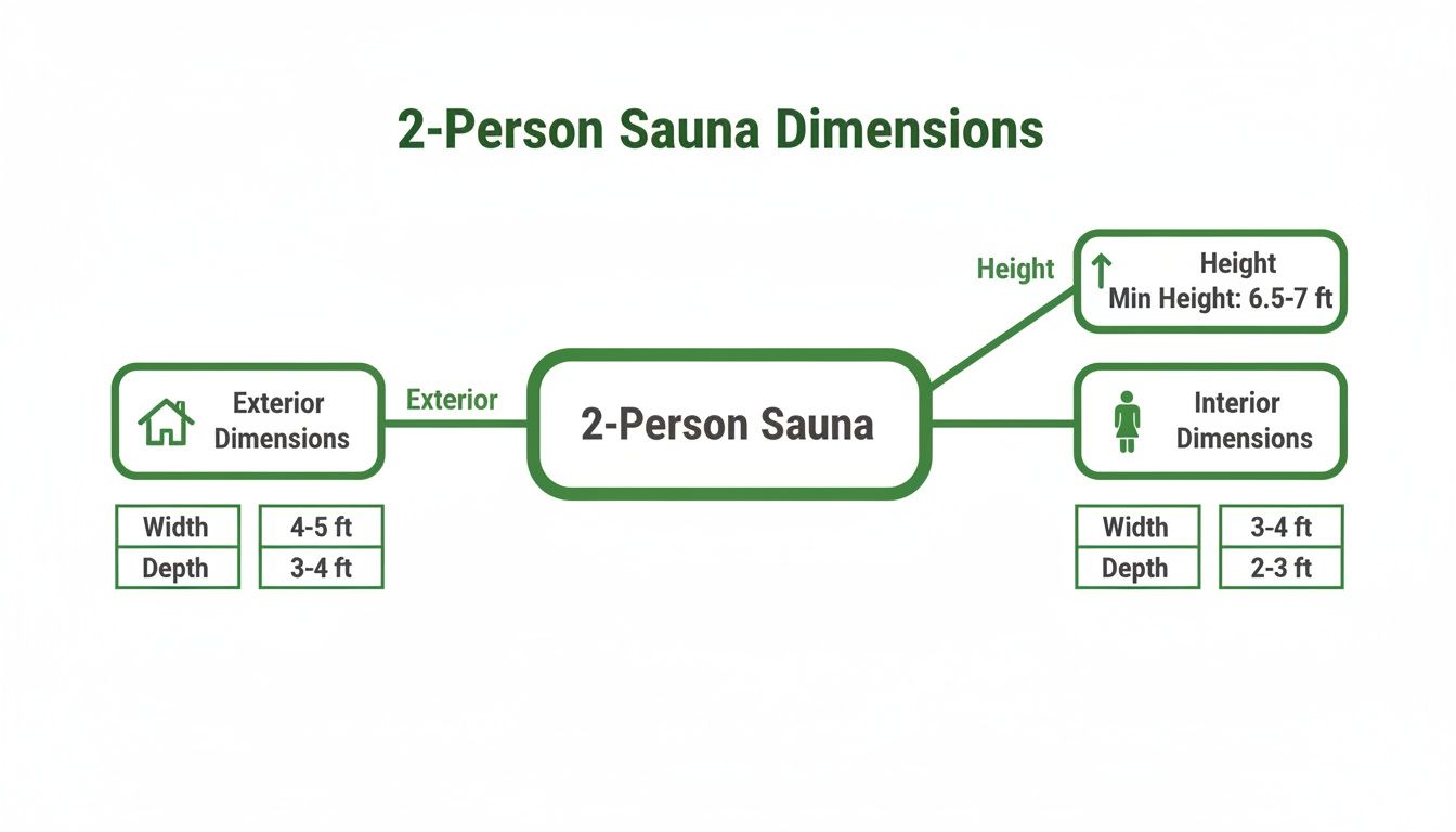 Flowchart detailing the exterior, interior, width, depth, and height dimensions for a 2-person sauna.