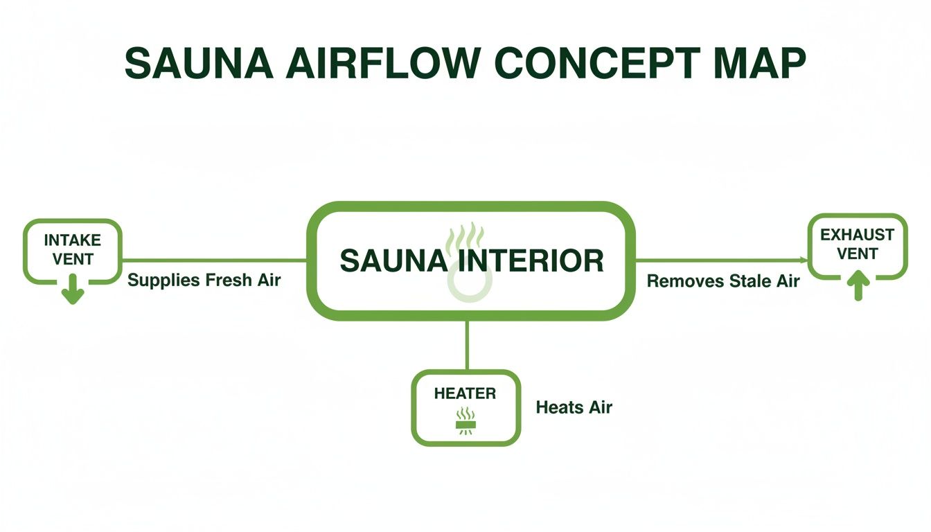 Diagram illustrating the sauna airflow concept, showing fresh air intake, heating, and stale air exhaust.