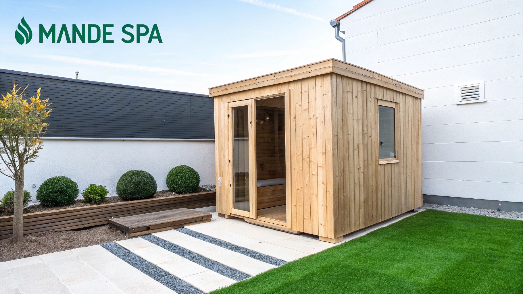 An elegant outdoor wooden sauna with glass doors, set in a contemporary garden with artificial grass and patio.