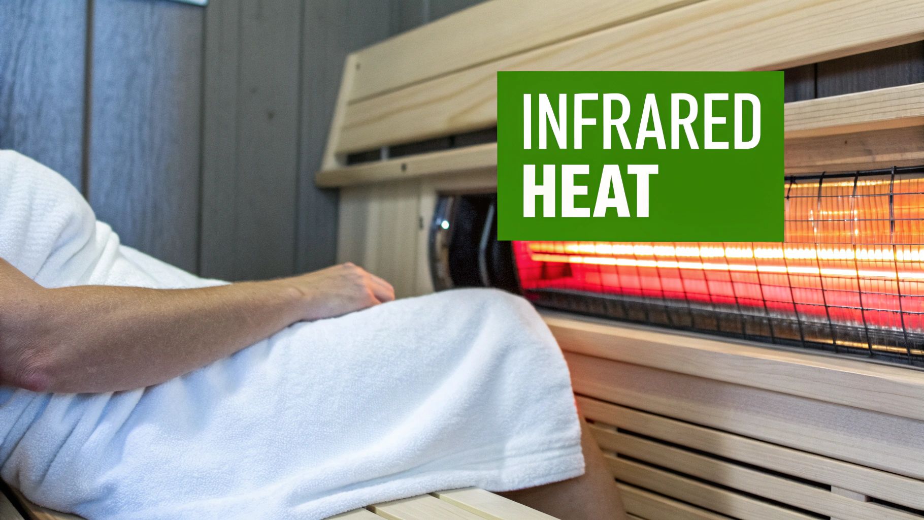 A person in a white towel relaxing inside a wooden sauna with a glowing infrared heater.
