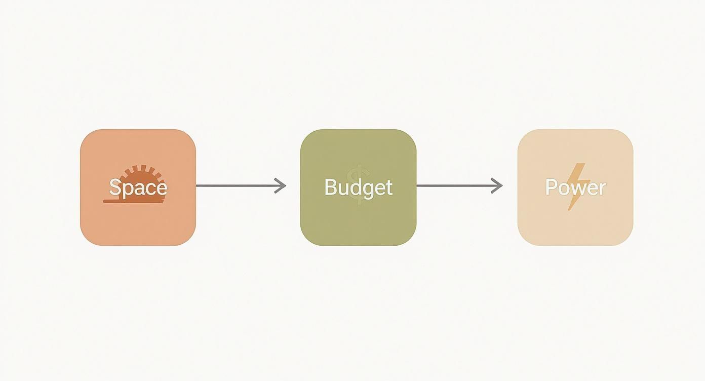 Flow diagram showing three connected stages: Space with sunrise icon, Budget, and Power with lightning bolt