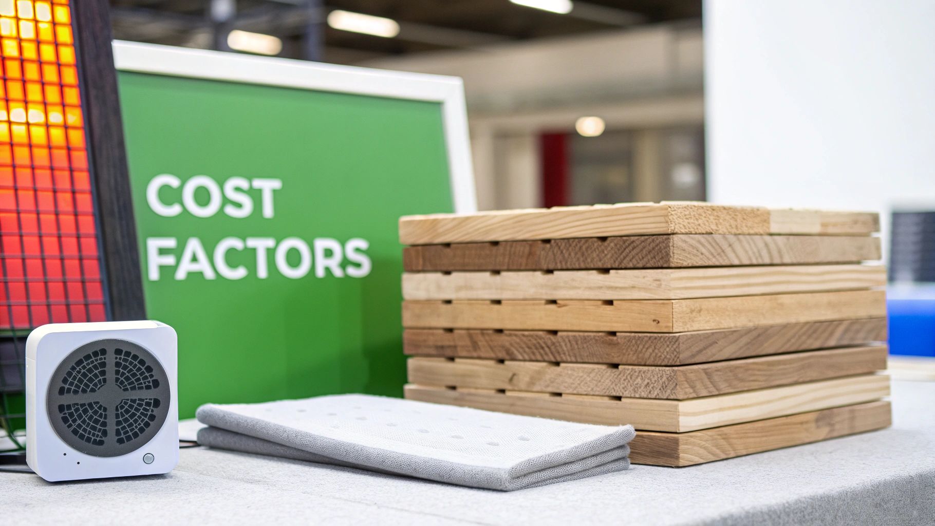 A display of an infrared heater, wooden planks, a small device, and a 'COST FACTORS' sign.