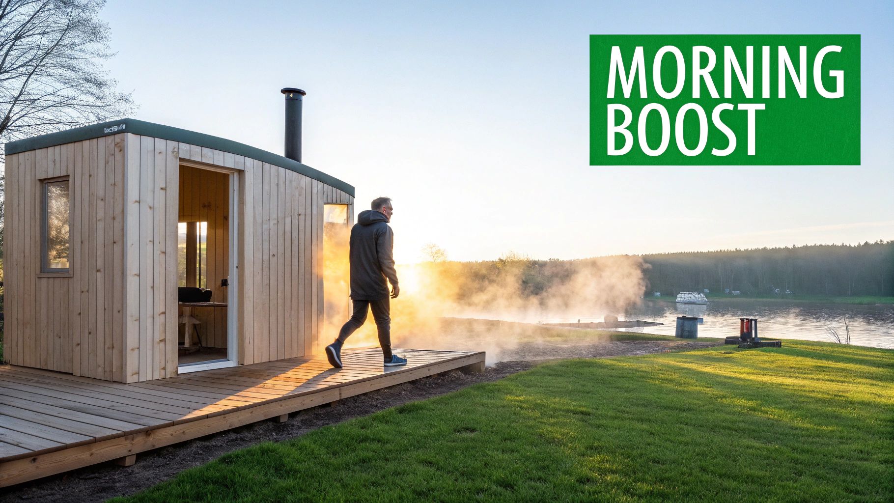 A man steps out of a modern wooden sauna cabin onto a deck by a misty lake at sunrise with 'MORNING BOOST' text.
