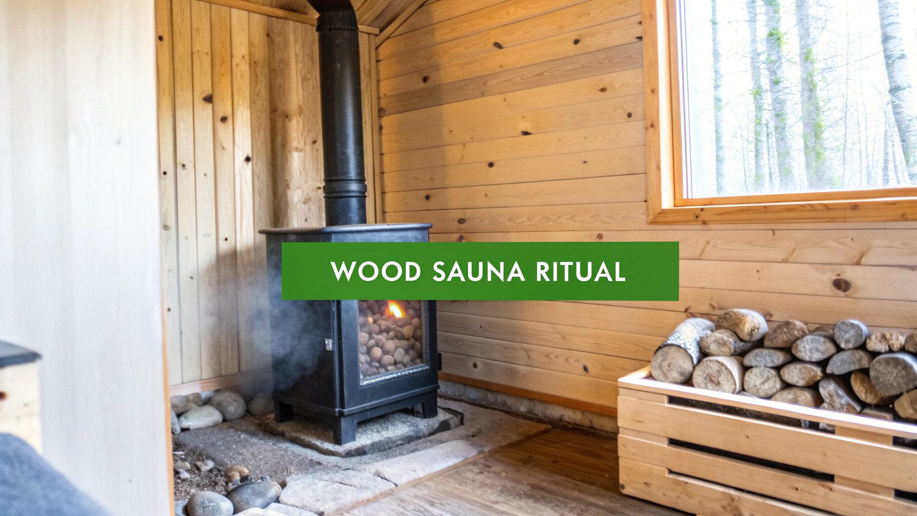 Interior of a cozy wooden sauna with a steamy wood-burning stove, stones, and stacked logs.