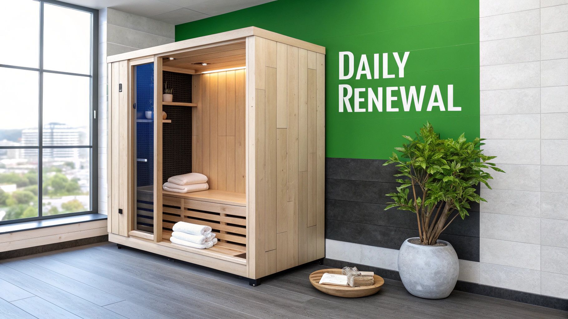 Modern wooden sauna cabin in a bright room with a green wall, a potted plant, and a large window.