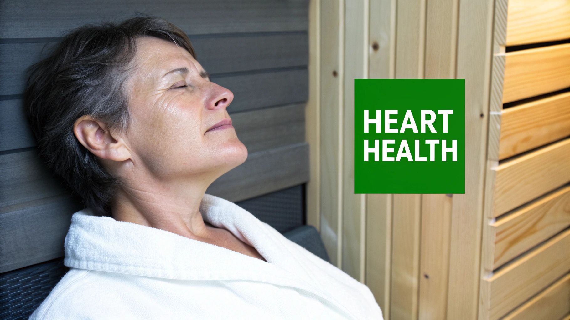 A woman in a white robe relaxing with her eyes closed in a wooden sauna, promoting heart health.