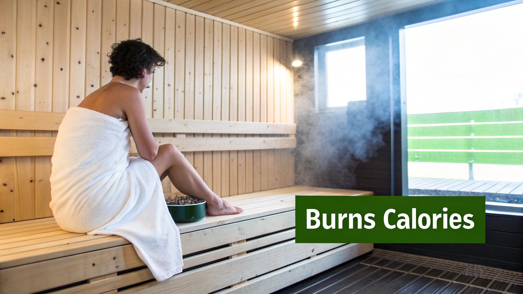 A woman in a white towel relaxing in a steaming wooden sauna, looking out a window.