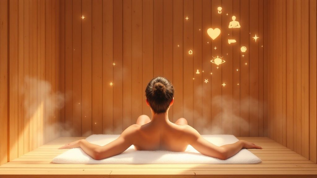 A person's hand setting a classic round sand timer inside a warm, wood-paneled sauna.