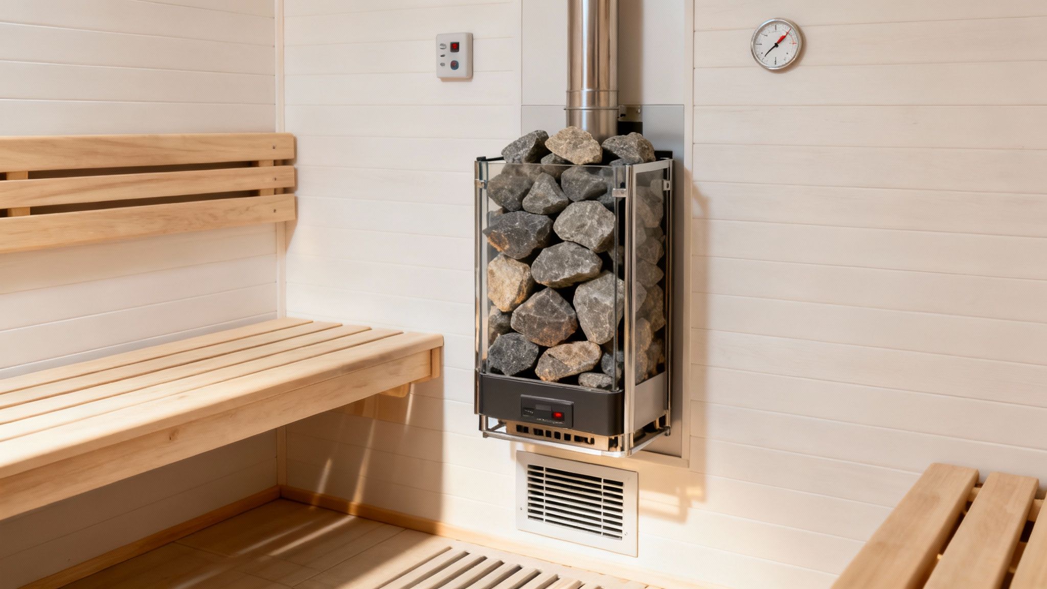 Modern electric sauna heater with rocks mounted on white wall next to wooden bench