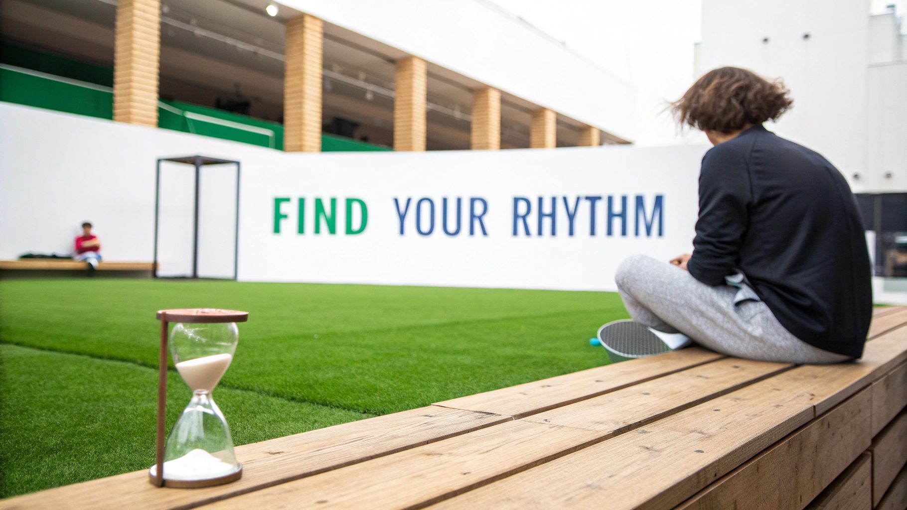 A person sits on a wooden bench with an hourglass in the foreground, 'FIND YOUR RHYTHM' on a wall.