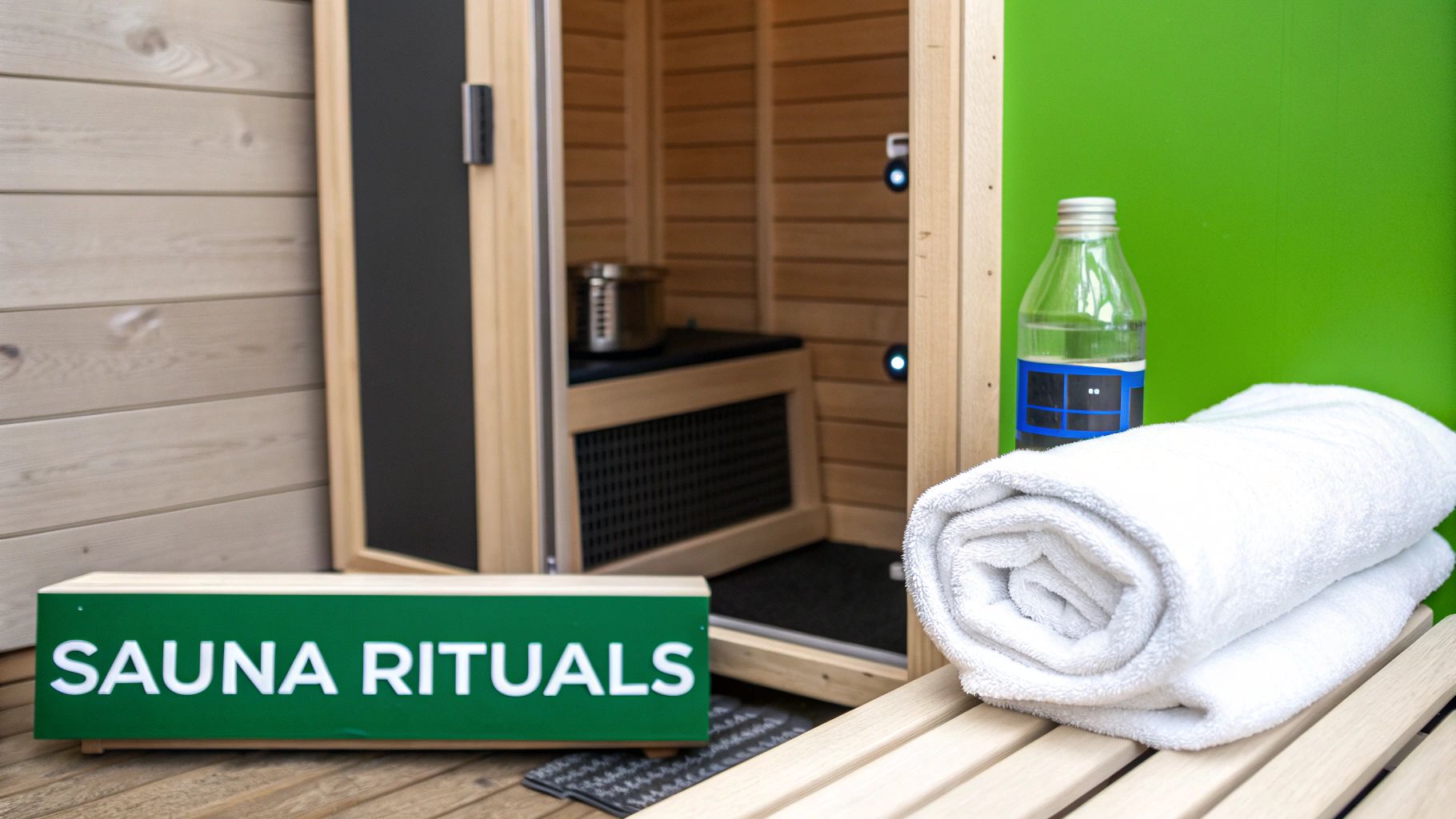 An open wooden sauna cabin with a 'SAUNA RITUALS' sign, a white towel, and water bottle.