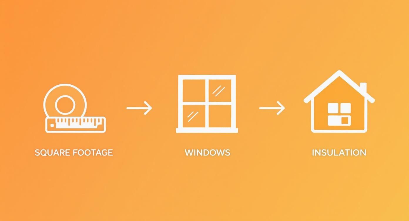 A diagram showing three factors for home HVAC sizing: square footage measurement, windows, and house insulation.