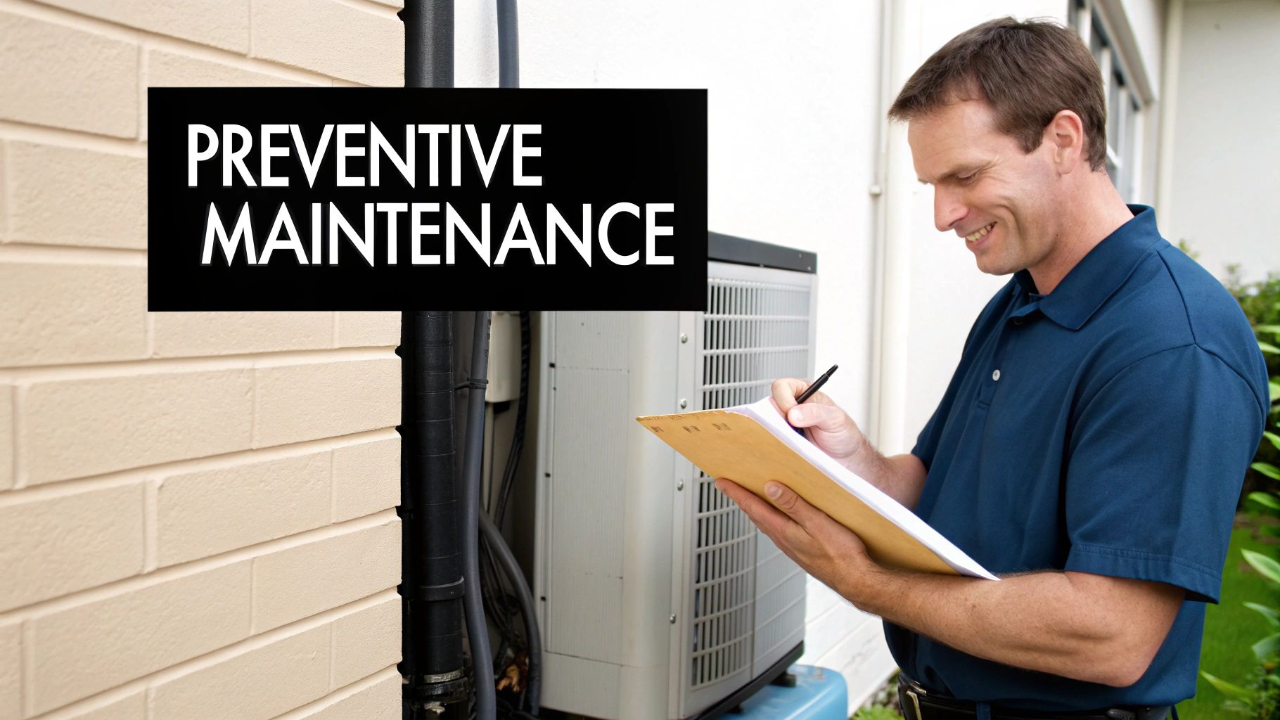 Smiling technician performing preventive maintenance on an outdoor AC unit, writing on a clipboard.