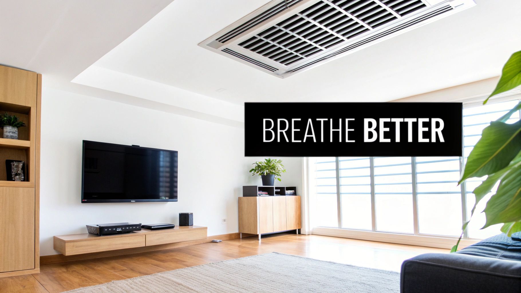 A family enjoying clean air in their living room, indicating good HVAC indoor air quality.