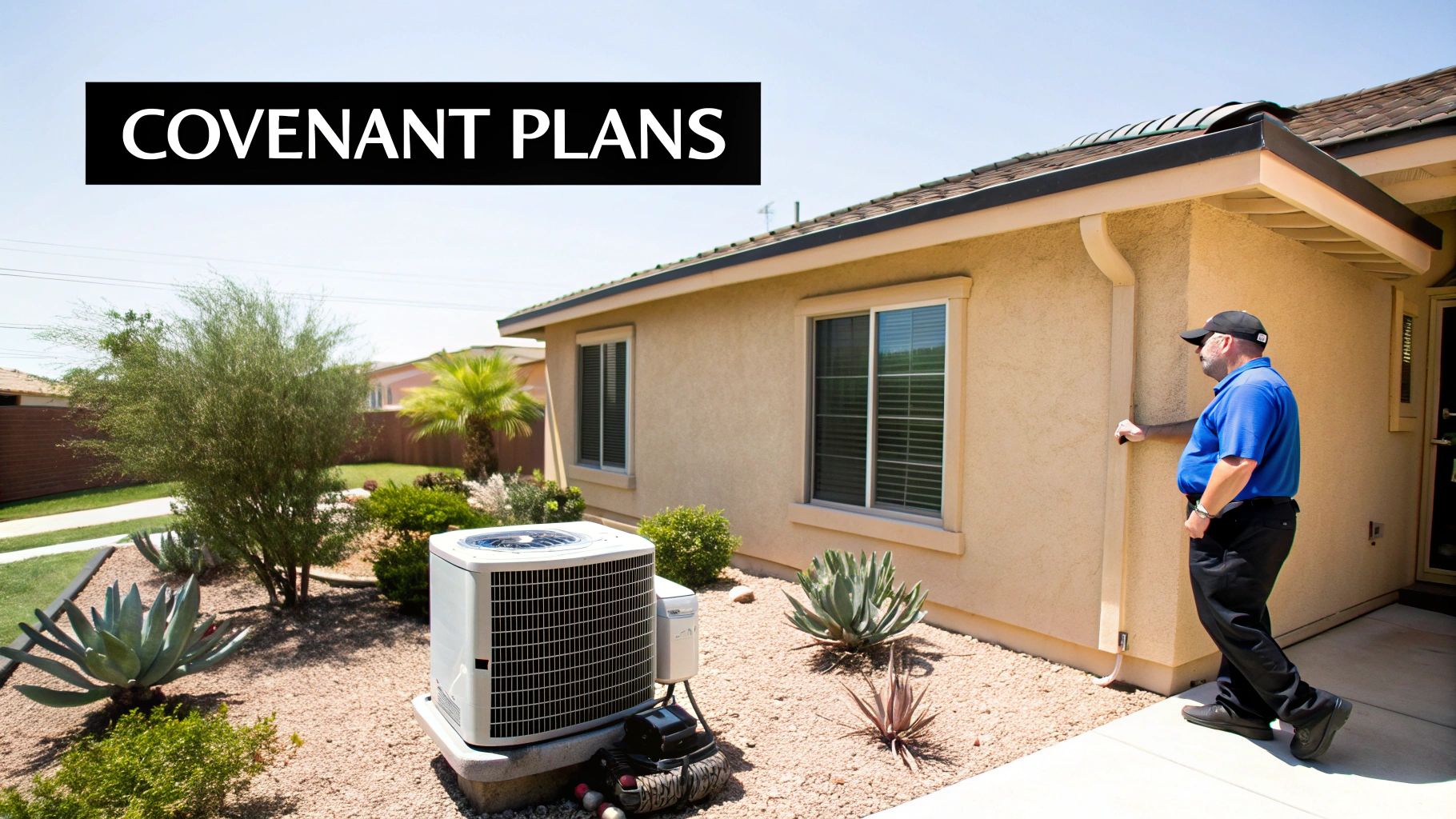 An HVAC technician inspects a house with an outdoor air conditioning unit and desert landscaping.