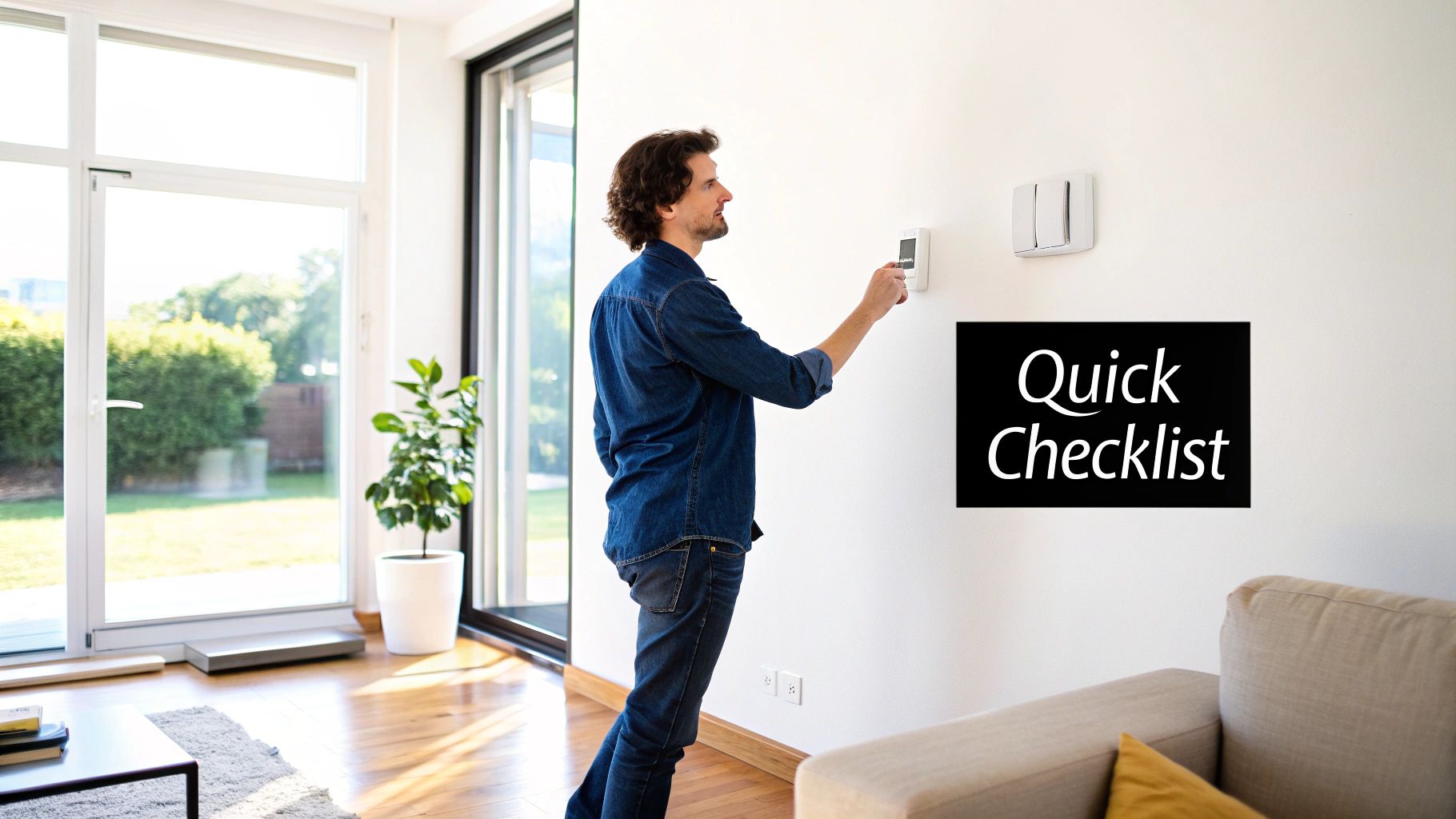 Man adjusting smart thermostat on a white wall in a bright living room with a &#39;Quick Checklist&#39; sign.