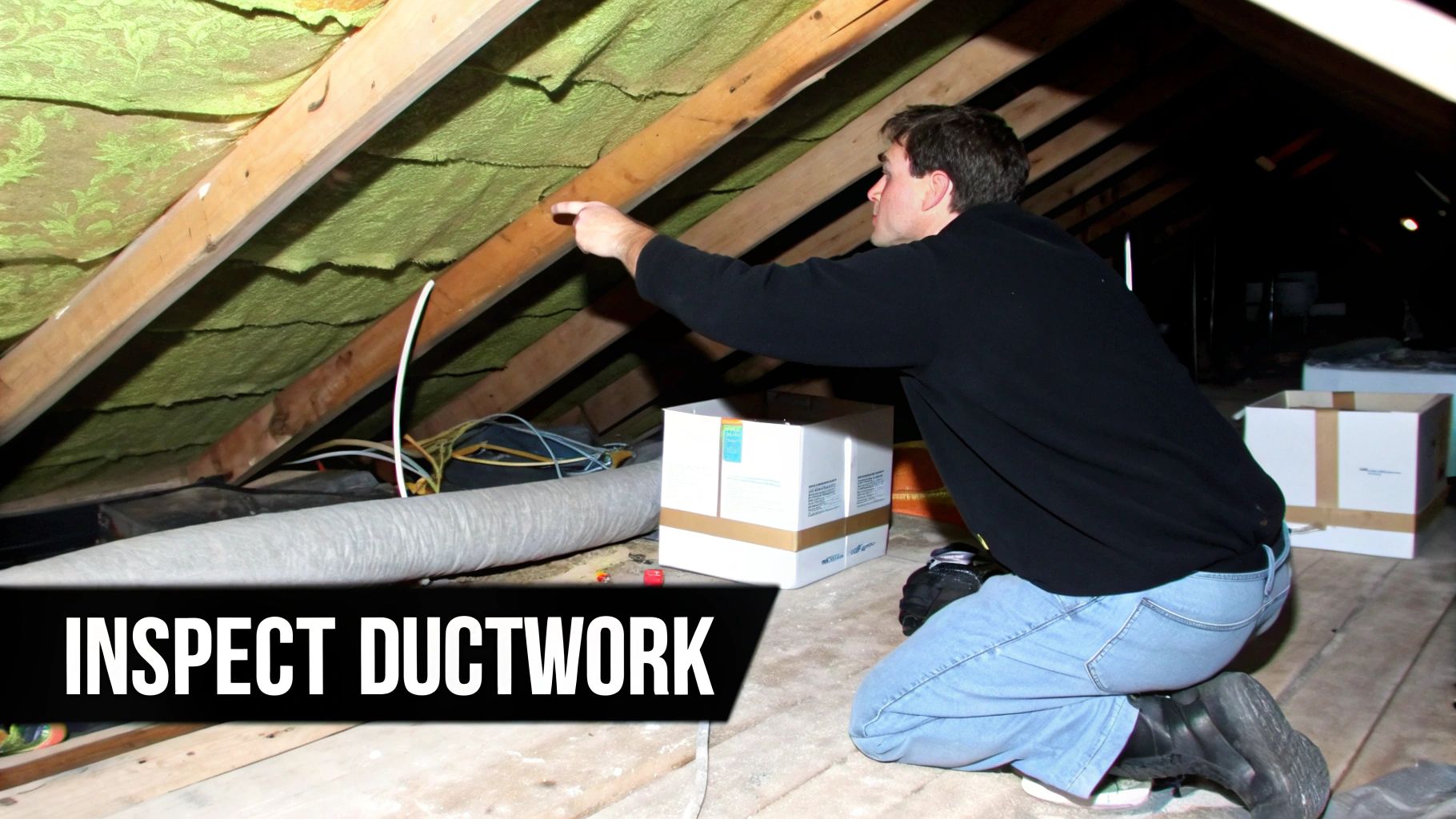 A man kneels in an attic, pointing to green insulation and wooden rafters, inspecting ductwork.
