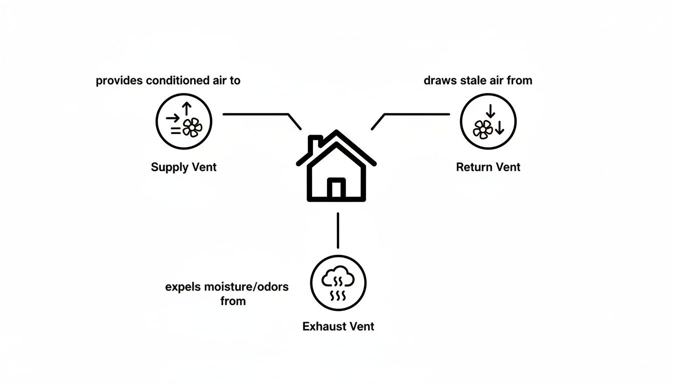 Diagram illustrating the functions of supply, return, and exhaust vents for home air quality.