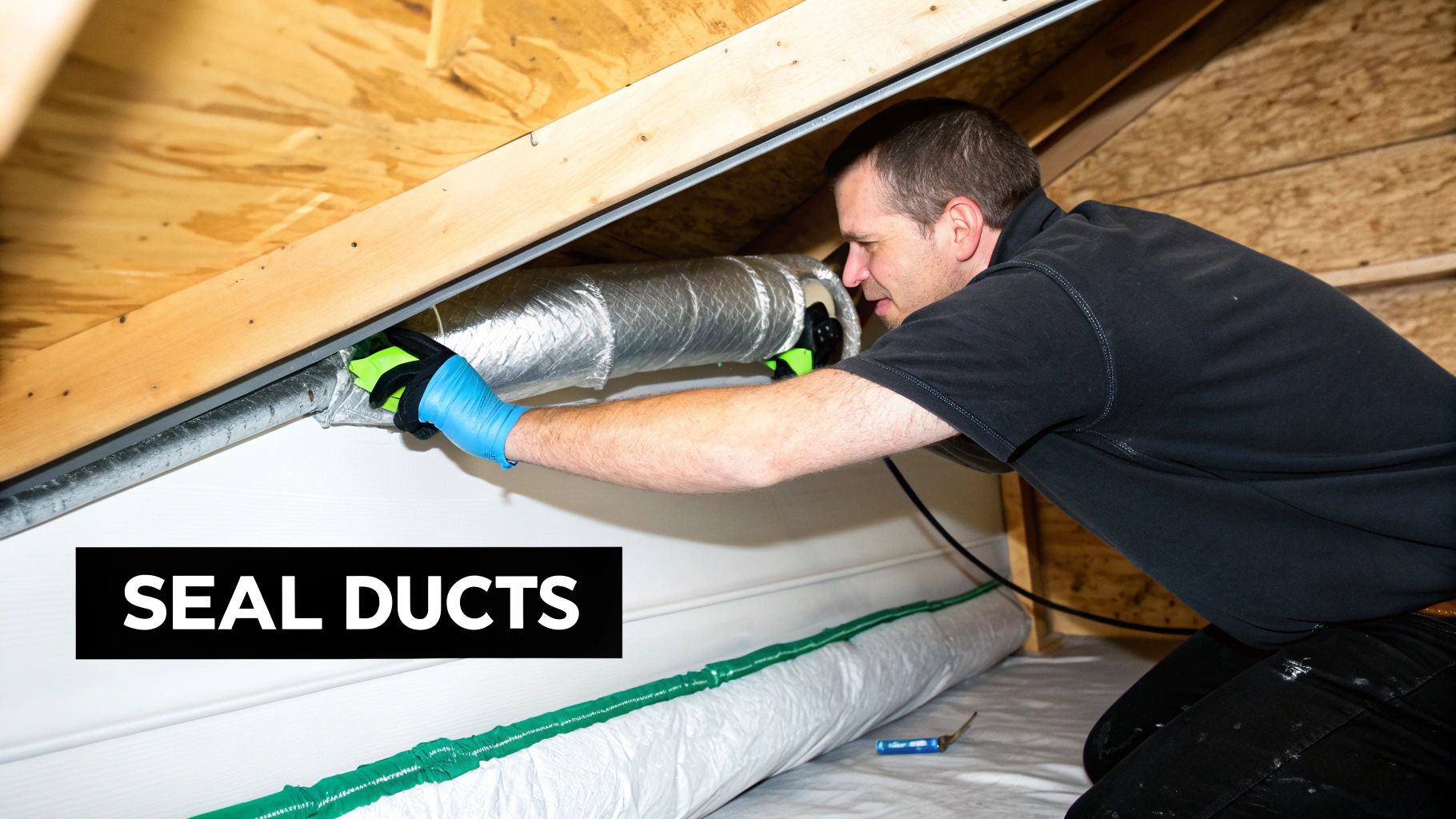 HVAC technician sealing insulated air ducts in a residential attic for improved energy efficiency.