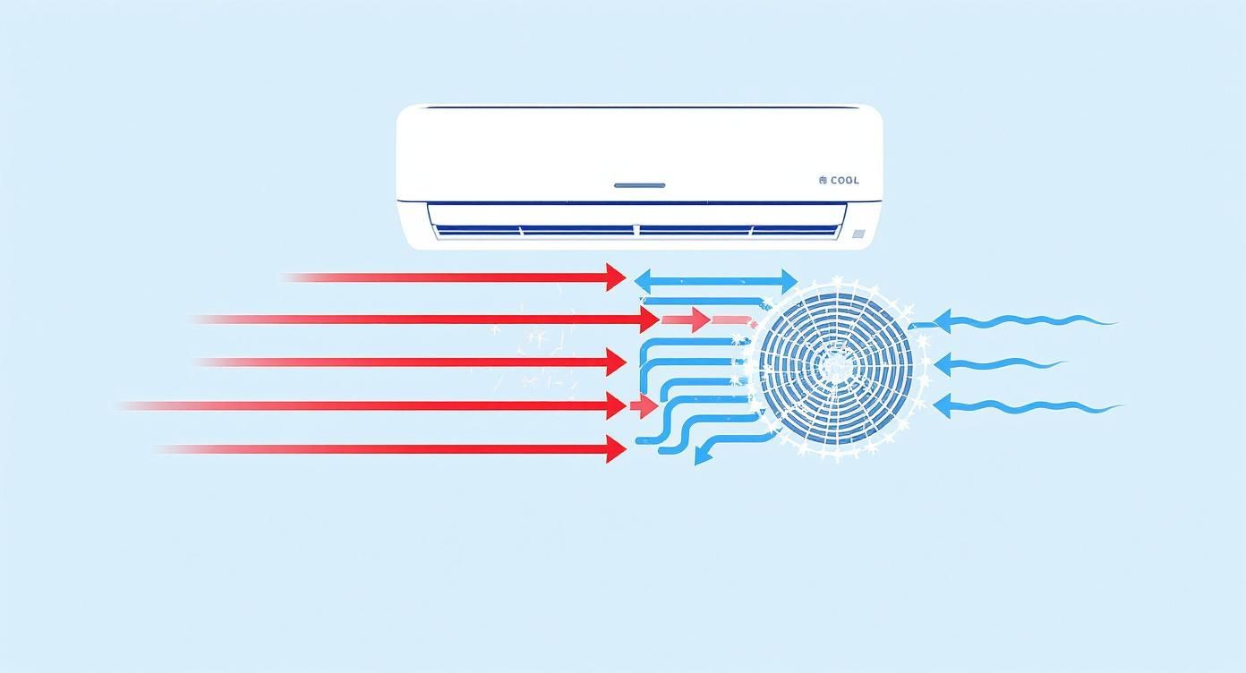 Infographic showing the process flow of an indoor AC unit, where warm air passes over the evaporator coil to become cool air.