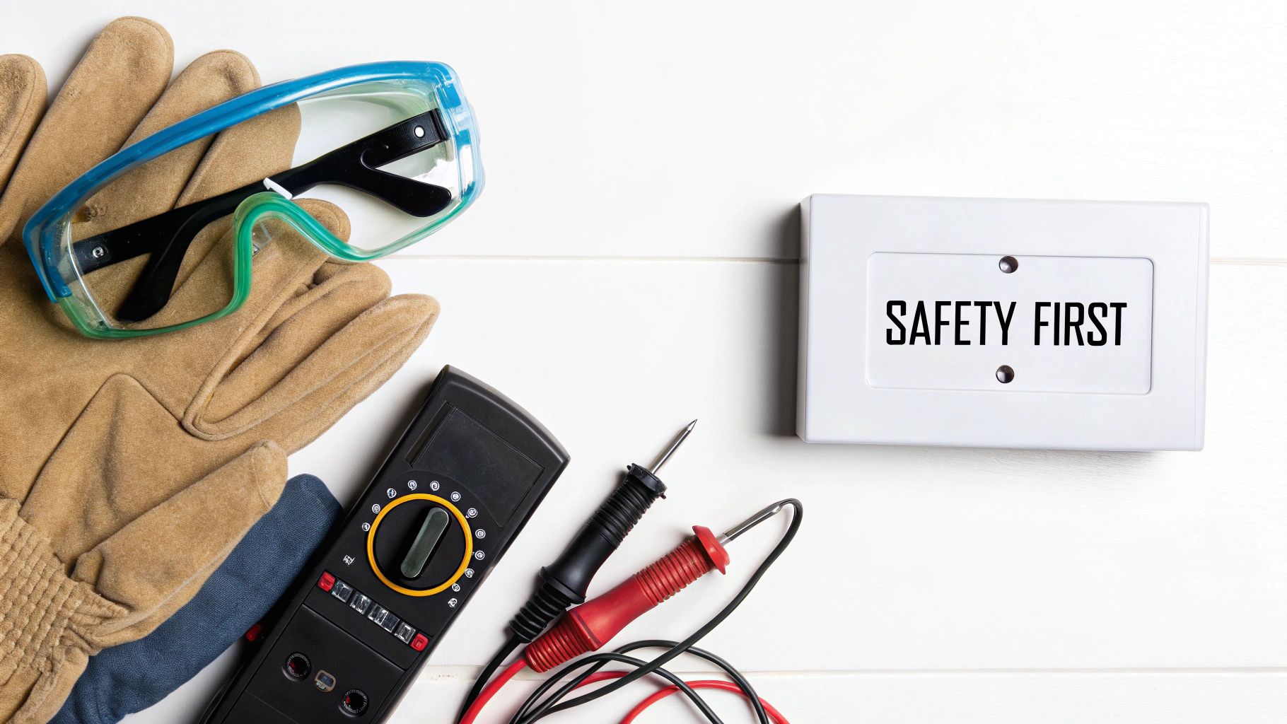A 'SAFETY FIRST' sign with work gloves, safety glasses, and a multimeter on a white table.