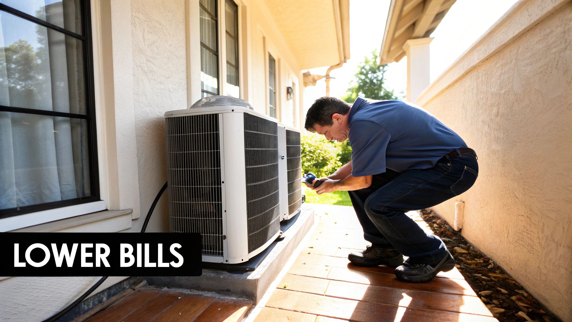 HVAC technician maintaining AC system