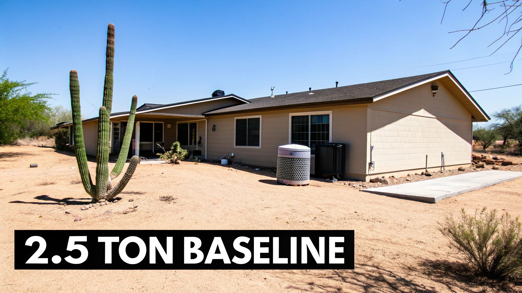 A house in a desert landscape with a large saguaro cactus and an outdoor AC unit.
