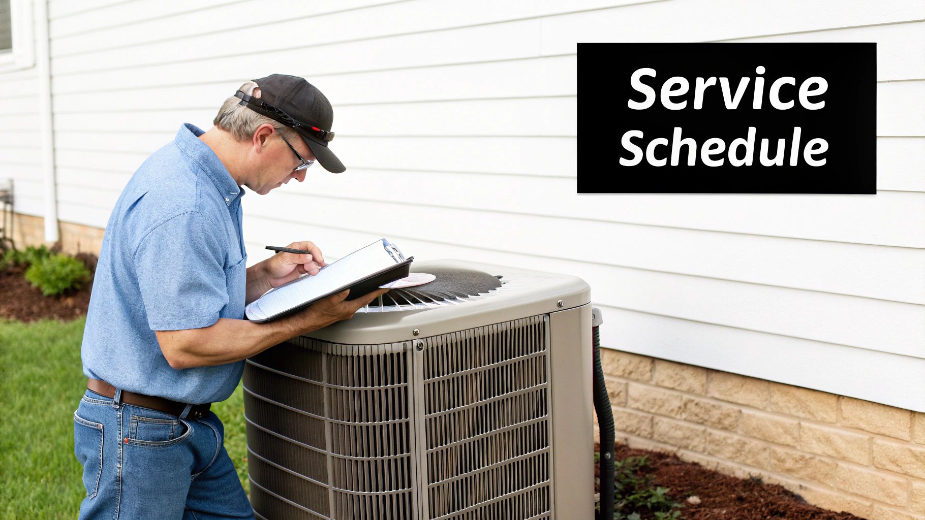 An HVAC technician inspects an outdoor air conditioning unit while writing on a clipboard, with a "Service Schedule" sign nearby.