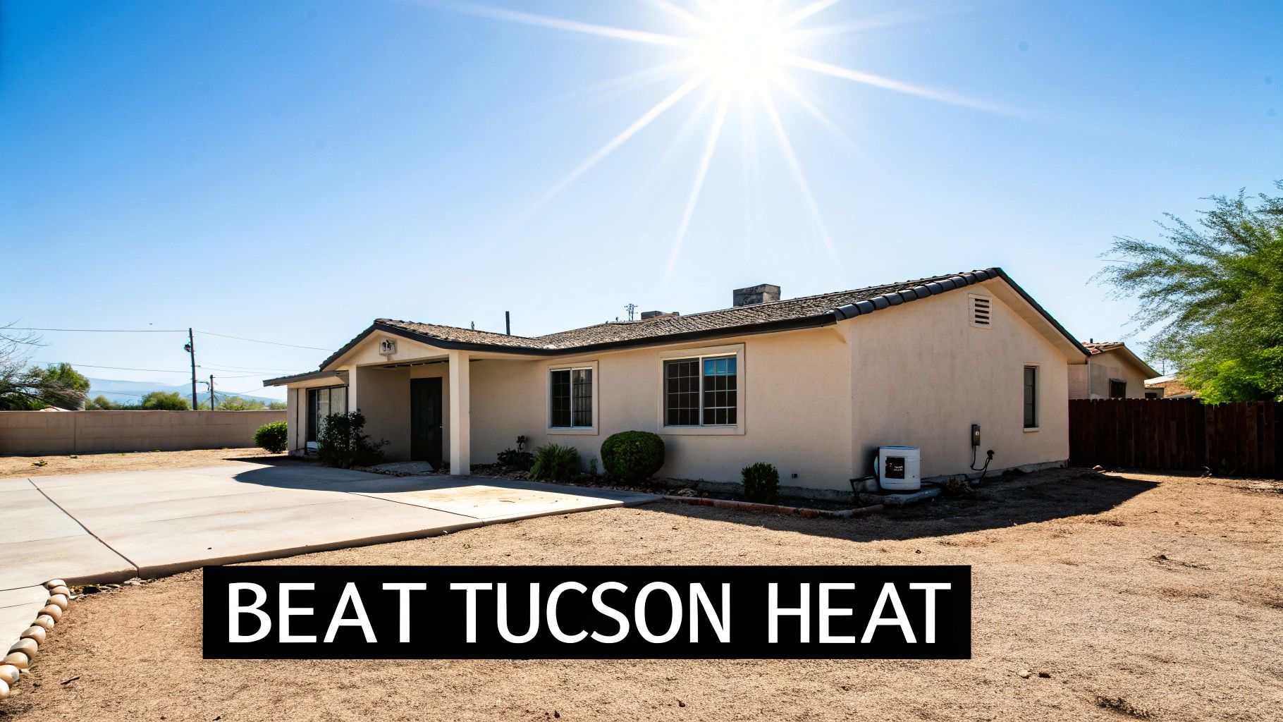 A single-story house with a dirt yard and a large driveway under a bright, sunny sky.