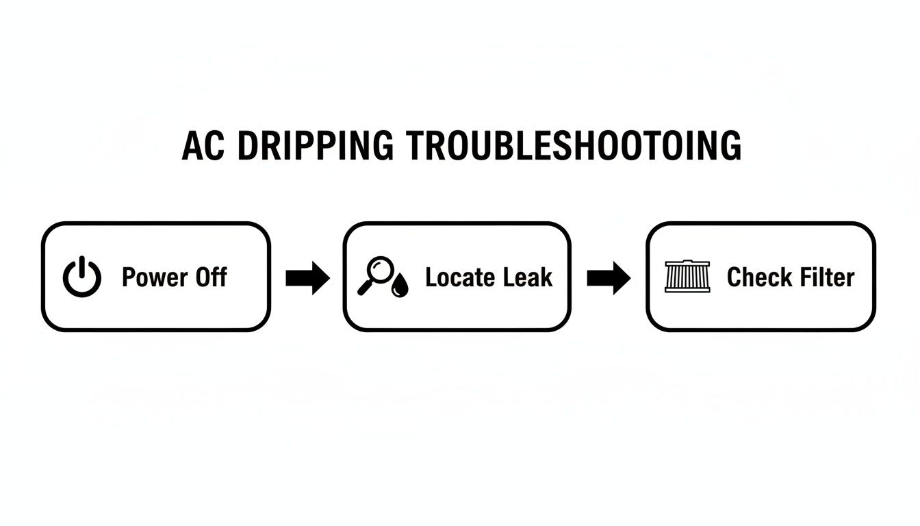 Flowchart illustrating AC dripping troubleshooting steps: Power Off, Locate Leak, and Check Filter.