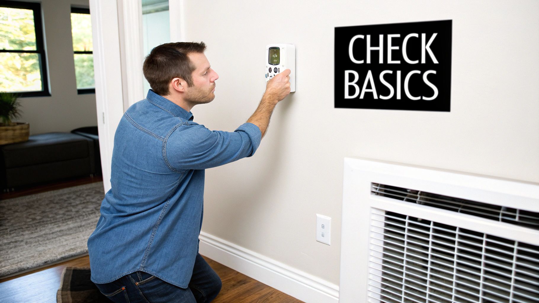 Man adjusting a wall-mounted thermostat next to an air conditioning unit and a "CHECK BASICS" sign.