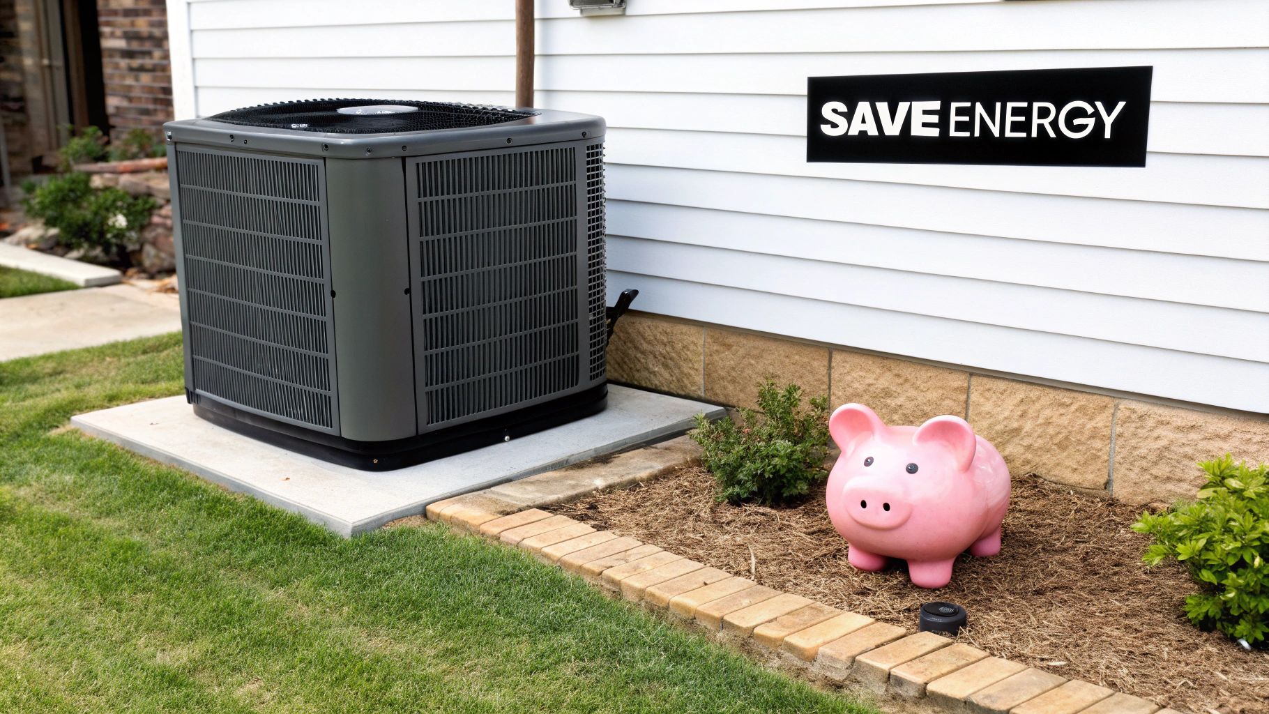 An outdoor air conditioning unit next to a house with a 'SAVE ENERGY' sign and a pink piggy bank.